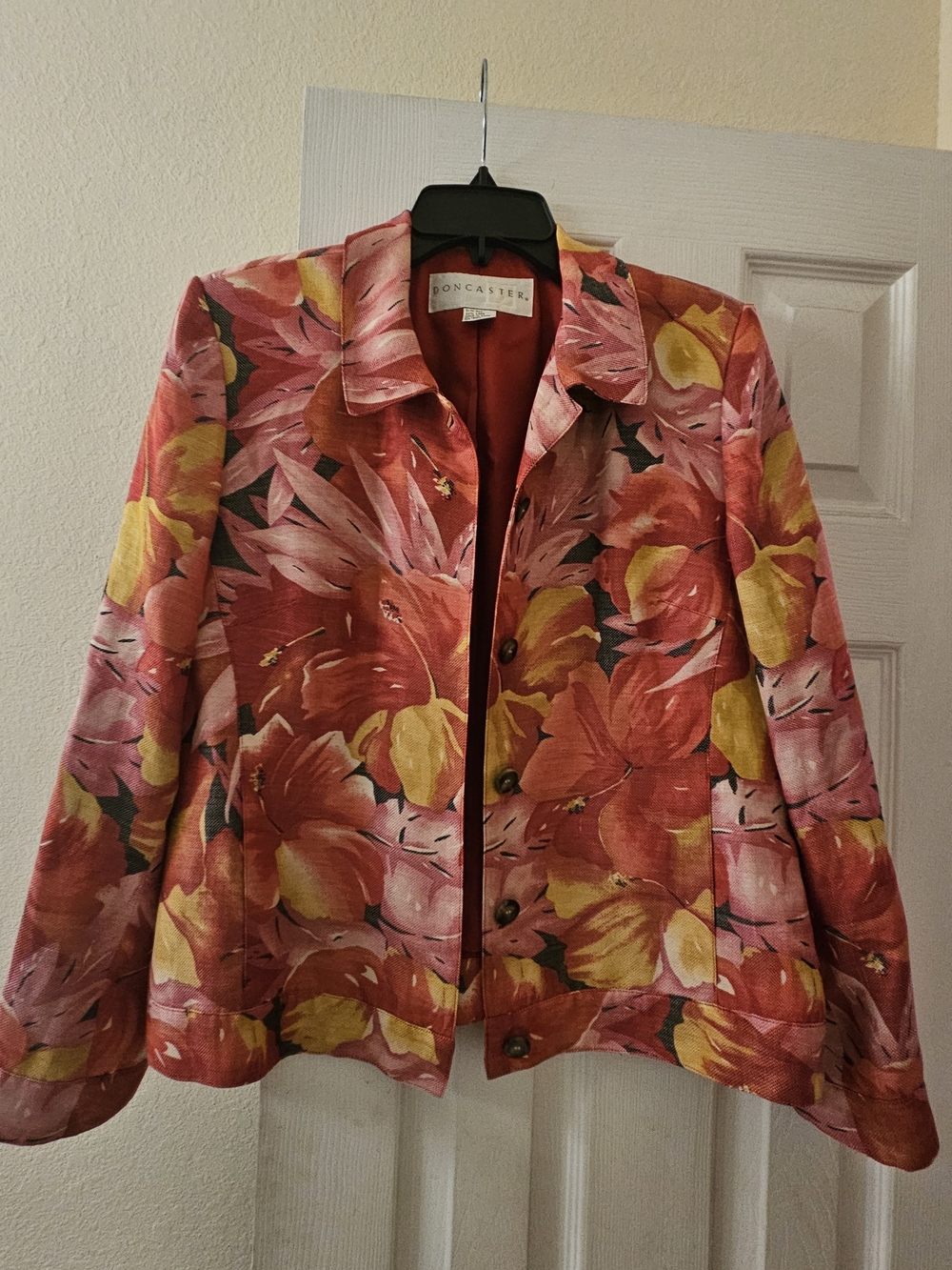 Doncaster Silk Linen Fall Coral-Red Floral Blazer with Pink and Yellow Blooms